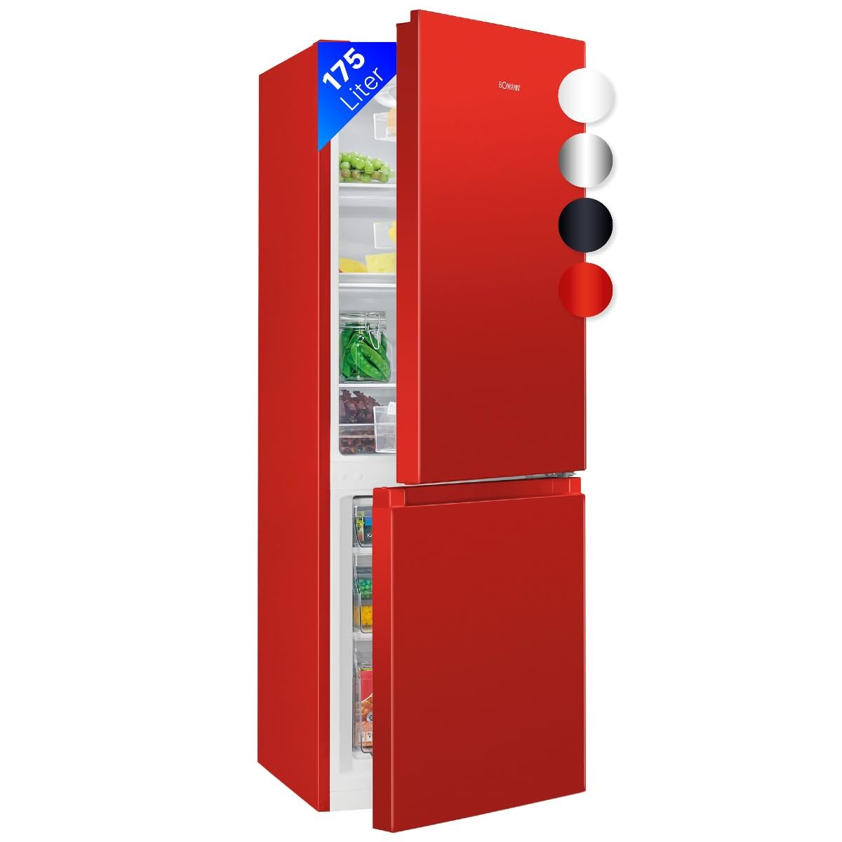Bomann® Kühlschrank mit Gefrierfach | Energieklasse E | 143cm | Kühl Gefrierkombination leise 39 dB | 3 Ablagen & 3 Schubladen | Türanschlag wechselbar | 175L Kühlgefrierkombi | KG 320.2 inox – Rot