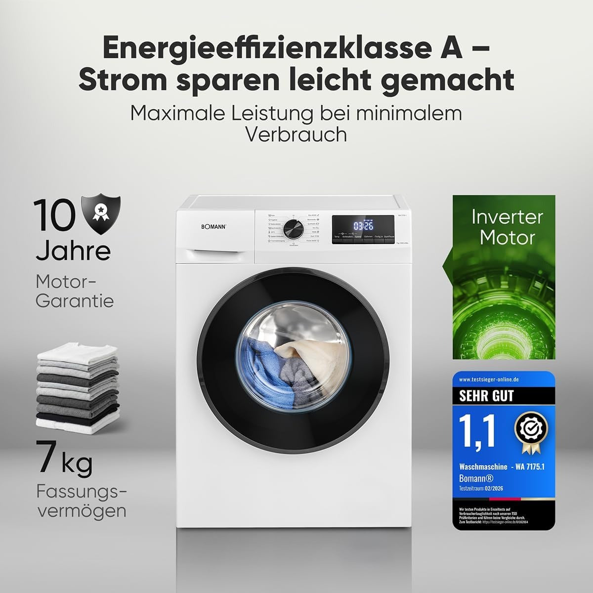 Bomann® Waschmaschine 7kg | max. 1400 U/min | 10 Jahre Motor-Garantie | effizienter, leiser & langlebiger Invertermotor | 15 Programme | Endzeitvorwahl | LED-Display | Waschmaschine | WA 7175.1 weiß