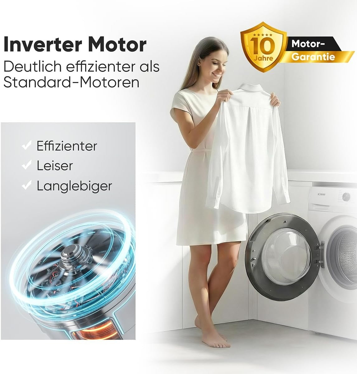 Bomann® Waschmaschine 7kg | max. 1400 U/min | 10 Jahre Motor-Garantie | effizienter, leiser & langlebiger Invertermotor | 15 Programme | Endzeitvorwahl | LED-Display | Waschmaschine | WA 7175.1 weiß