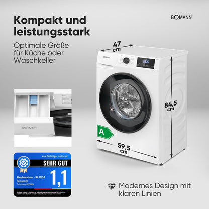 Bomann® Waschmaschine 7kg | max. 1400 U/min | 10 Jahre Motor-Garantie | effizienter, leiser & langlebiger Invertermotor | 15 Programme | Endzeitvorwahl | LED-Display | Waschmaschine | WA 7175.1 weiß