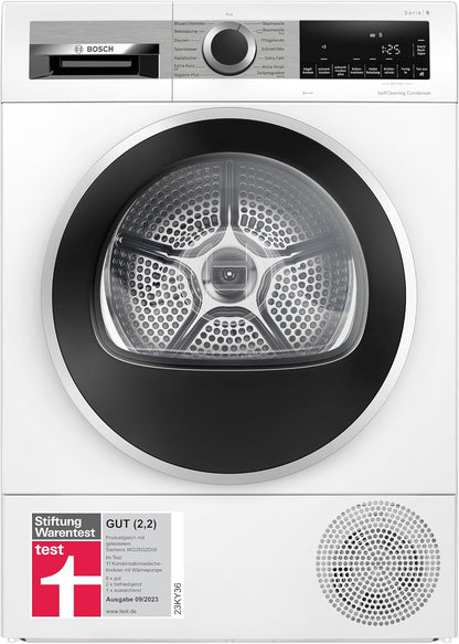 Bosch WQG235D00, Stiftung Warentest GUT (2,2)*, Serie 6, Wärmepumpentrockner 8 kg, Schneller getrocknete Wäsche, Auto Dry, Option Halbe Beladung, Sensitive Drying-System, Selbstreinigender Kondensator – 8 kg, Serie 4, EEK E