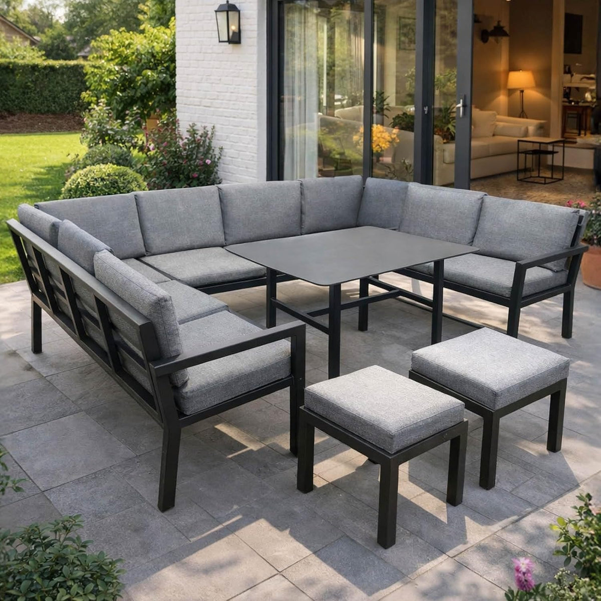 BRAST Madrid Garten Lounge Set 11 Personen Hellgrau – U-Form Outdoor Sitzgruppe mit Esstisch, Sofa & Hockern, Wetterfest – Hellgrau