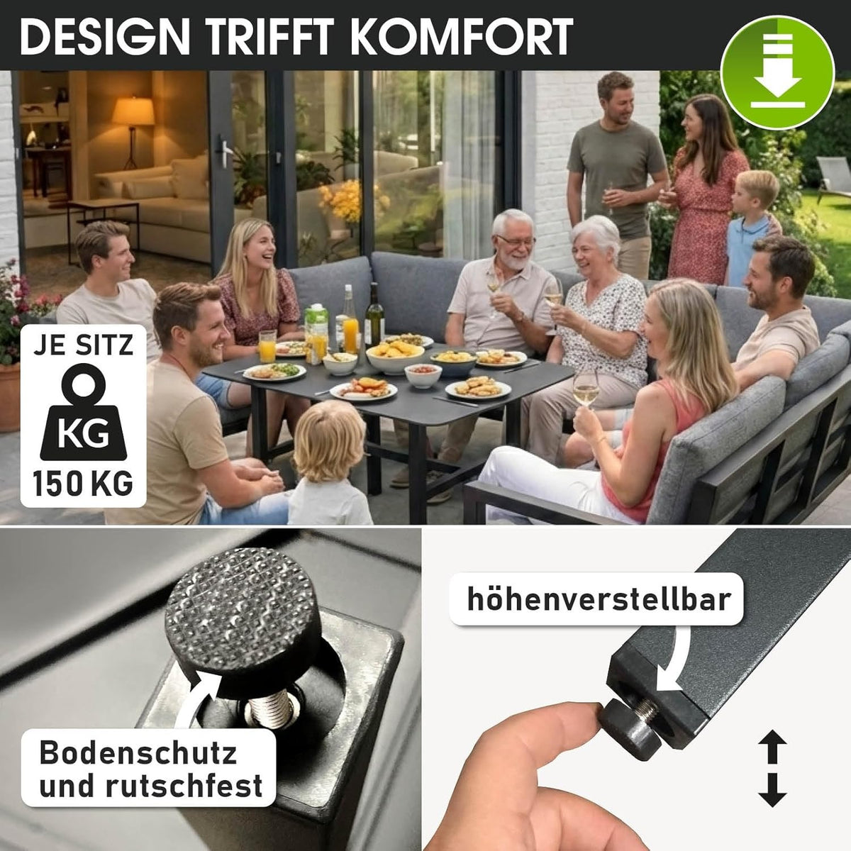 BRAST Madrid Garten Lounge Set 11 Personen Hellgrau – U-Form Outdoor Sitzgruppe mit Esstisch, Sofa & Hockern, Wetterfest