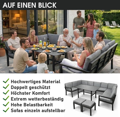 BRAST Madrid Garten Lounge Set 11 Personen Hellgrau – U-Form Outdoor Sitzgruppe mit Esstisch, Sofa & Hockern, Wetterfest