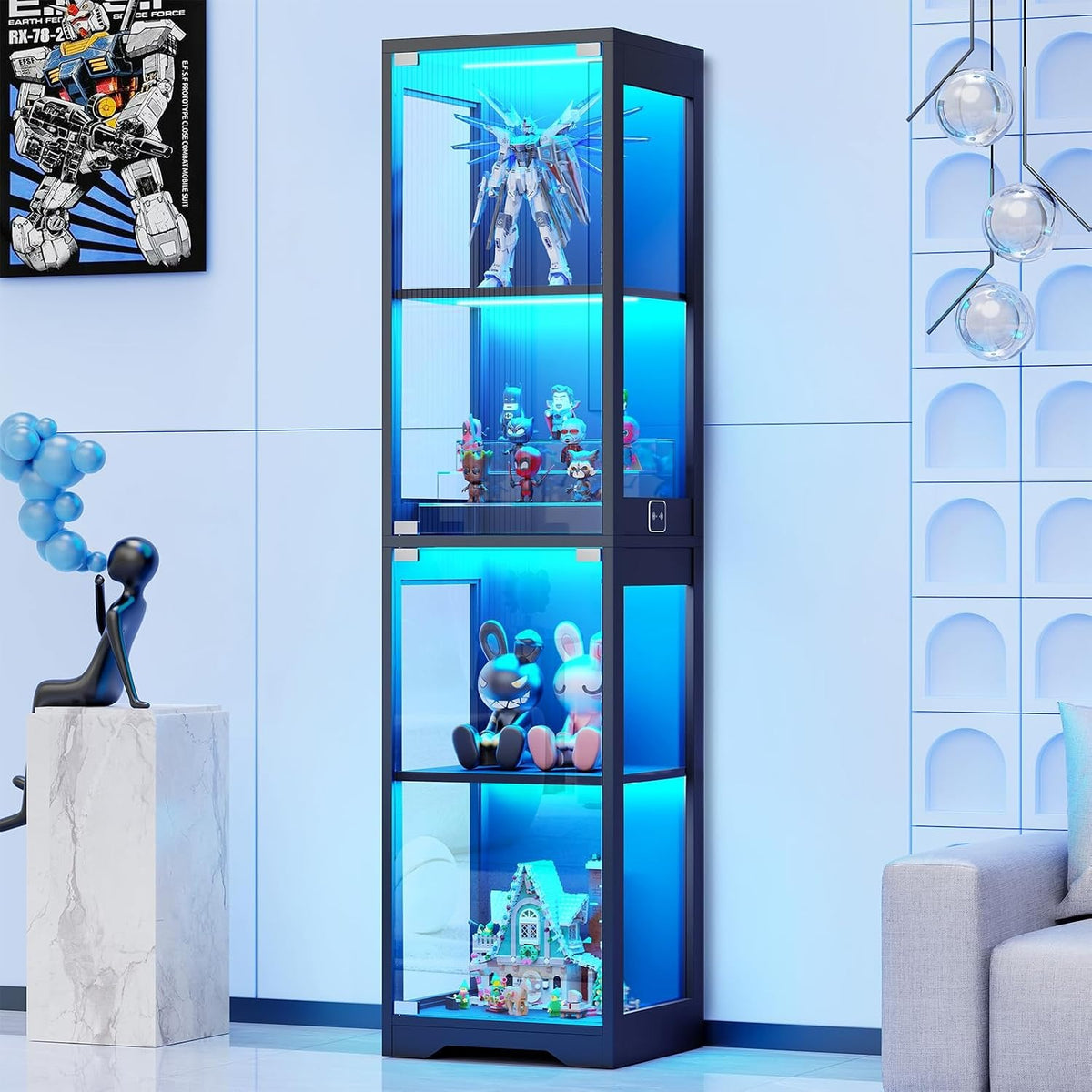 BROTTAR Glasvitrine mit Dreifarbig LED Beleuchtung und Glastüren, Glasvitrine Stehend mit Körpersensor-System, Sammlervitrine für Wohnzimmer, Büro, Bücher, Spielzimmer, Schwarz (40 x 35 x 160cm) – Mattschwarz, W40 x D35x H160cm