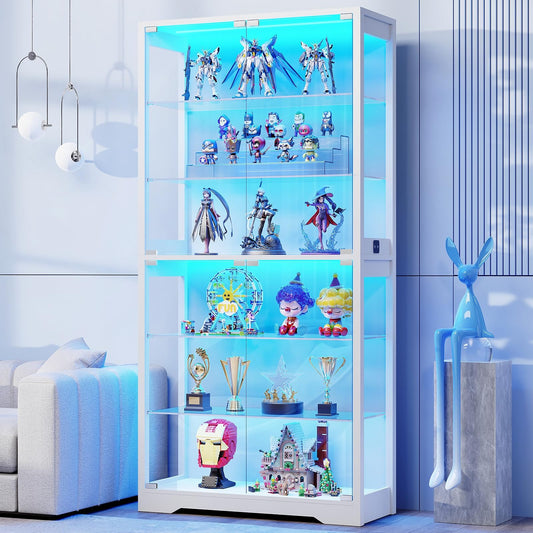 BROTTAR Vitrine mit Glastür, 6-stufige 180cm Vitrine mit 3 Farblichten für Sammlerstücke, Vitrine mit verstellbaren Glasträgern, Körperkensorsensor, Aufbewahrungsschränke, Schwarz – Weiß