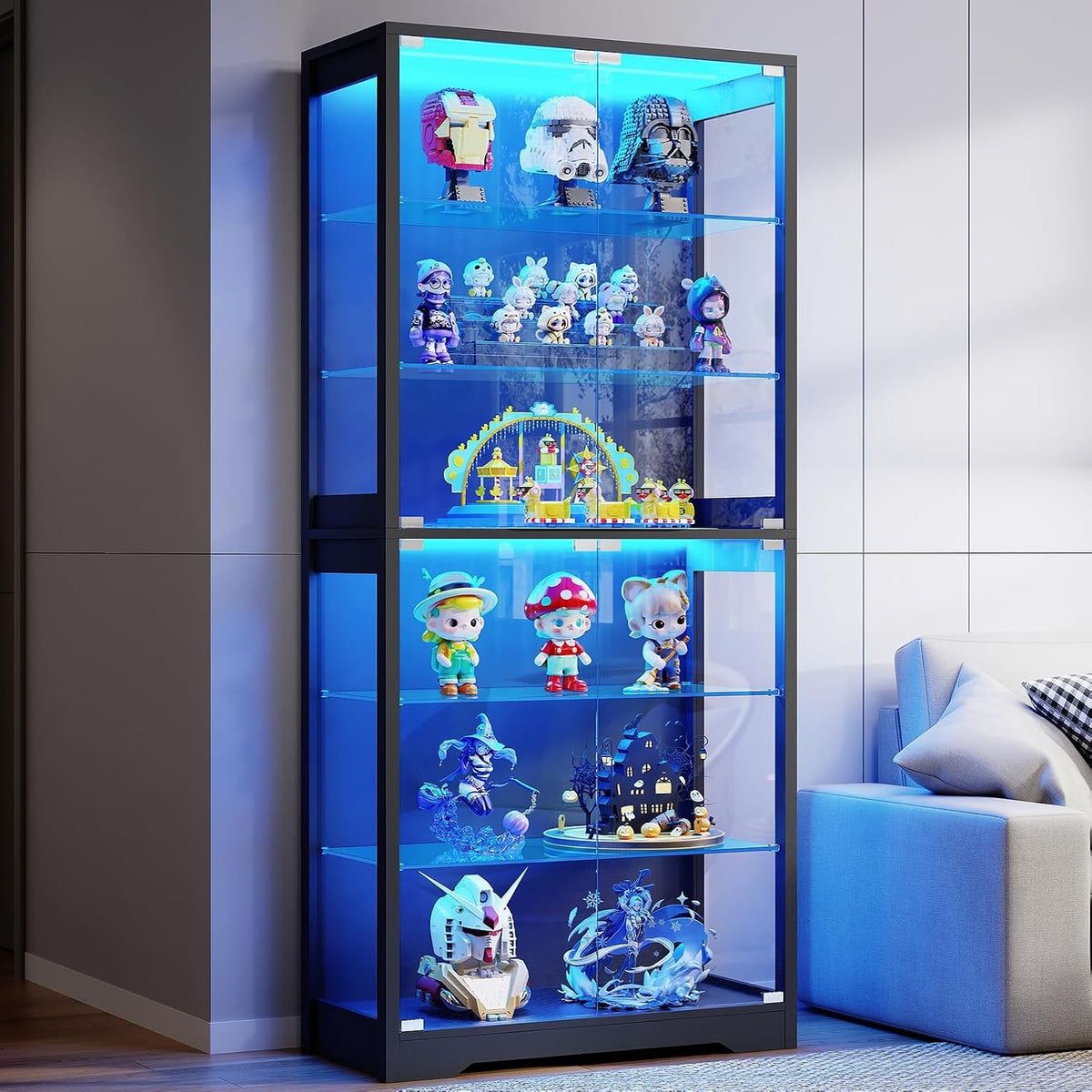 BROTTAR Vitrine mit Glastür, 6-stufige 180cm Vitrine mit 3 Farblichten für Sammlerstücke, Vitrine mit verstellbaren Glasträgern, Körperkensorsensor, Aufbewahrungsschränke, Schwarz – Schwarz