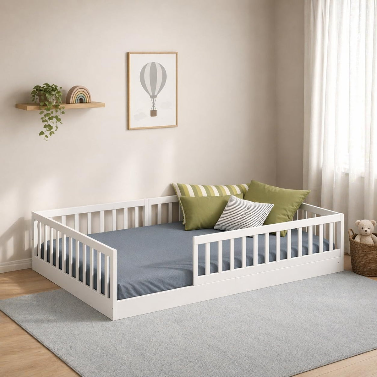 CADANI TIMI XL Bodenbett 120x200 Weiß, Rausfallschutz abnehmbar, bis 200 kg – Weiß - Barriere Extralang, 90 x 200 cm