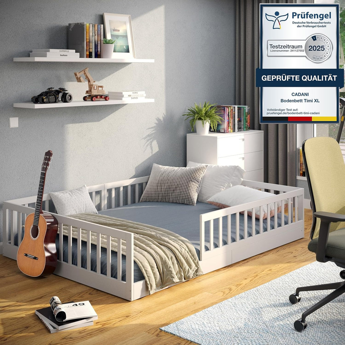 CADANI TIMI XL Bodenbett 140x200 Weiß, Rausfallschutz abnehmbar, bis 200 kg – Weiß - Barriere Extralang, 120 x 200 cm