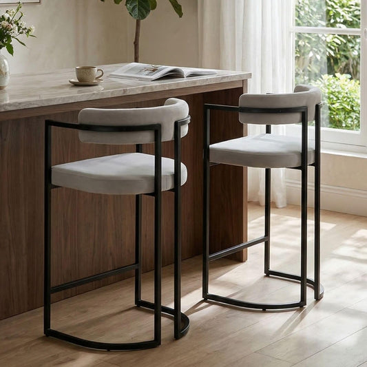 chairus Barhocker 2er Set mit Lehne Kunstfell bar Stool Tresenhocker Weiß – Grau