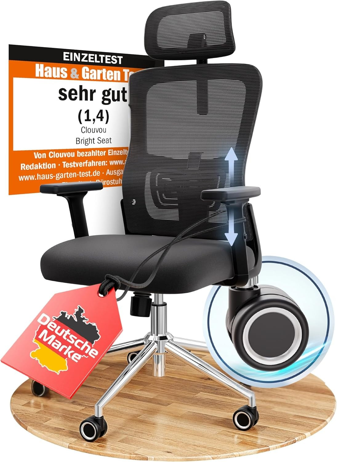 CLOUVOU BrightSeat Ergonomischer Bürostuhl Schwarz bis 150 kg – Schreibtischstuhl mit Kopfstütze, Lendenstütze & 2D Armlehnen – Masterseat (Creme/Grau)
