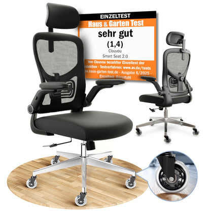 CLOUVOU BrightSeat Ergonomischer Bürostuhl Schwarz bis 150 kg – Schreibtischstuhl mit Kopfstütze, Lendenstütze & 2D Armlehnen – Proseat (Anthrazit/Schwarz)