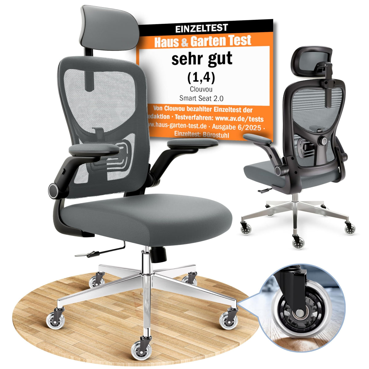 CLOUVOU BrightSeat Ergonomischer Bürostuhl Schwarz bis 150 kg – Schreibtischstuhl mit Kopfstütze, Lendenstütze & 2D Armlehnen – Cleverseat (Schwarz)
