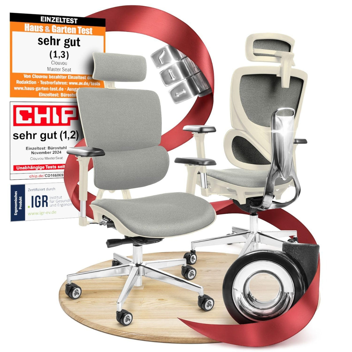 CLOUVOU BrightSeat Ergonomischer Bürostuhl Schwarz bis 150 kg – Schreibtischstuhl mit Kopfstütze, Lendenstütze & 2D Armlehnen – Smartseat (Creme/Grau)