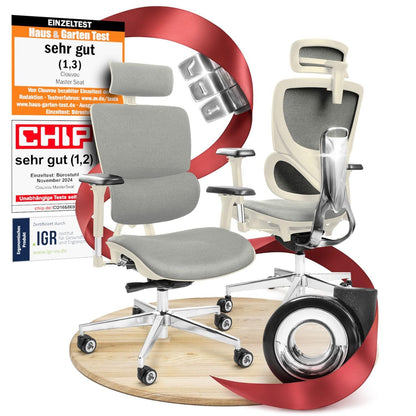 CLOUVOU BrightSeat Ergonomischer Bürostuhl Schwarz bis 150 kg – Schreibtischstuhl mit Kopfstütze, Lendenstütze & 2D Armlehnen – Smartseat (Creme/Grau)