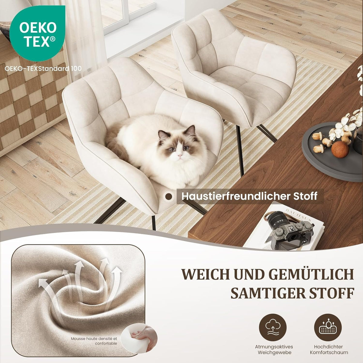 COLAMY Drehstühle für Esszimmer, 2er Set, Drehbare Polsterstühle mit Armlehnen und Rückenlehne, Bequeme Küchenstühle für Wohnzimmer & Essbereich, Beige
