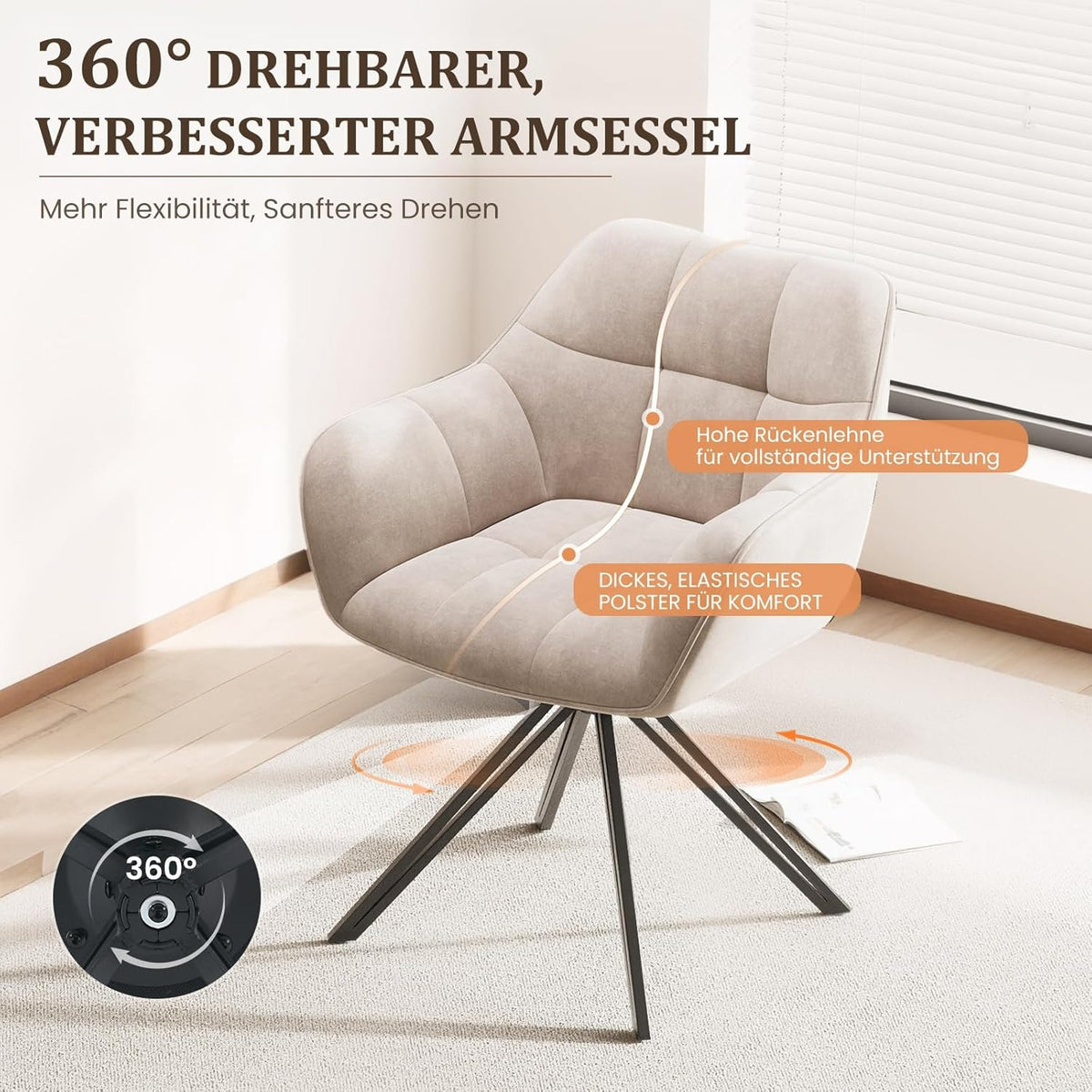 COLAMY Drehstühle für Esszimmer, 2er Set, Drehbare Polsterstühle mit Armlehnen und Rückenlehne, Bequeme Küchenstühle für Wohnzimmer & Essbereich, Beige