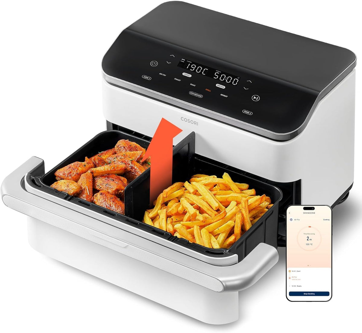 Cosori Heißluftfritteuse, neue Generation 2026, exklusive TurboBlaze-Tech, 8,6 L – 10,8L, Platzsparend + Smarte DualBlaze, Silbergrau