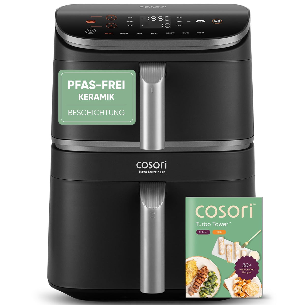 Cosori Heißluftfritteuse, neue Generation 2026, exklusive TurboBlaze-Tech, 8,6 L – 10,8L, Platzsparend + DualBlaze, Silbergrau