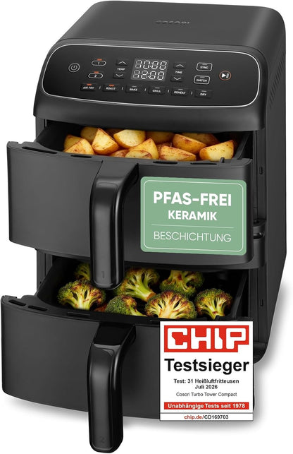 Cosori Heißluftfritteuse, neue Generation 2026, exklusive TurboBlaze-Tech, 8,6 L – 8,6L, Platzsparend+ DC-Motor-Tech, Dunkelschwarz