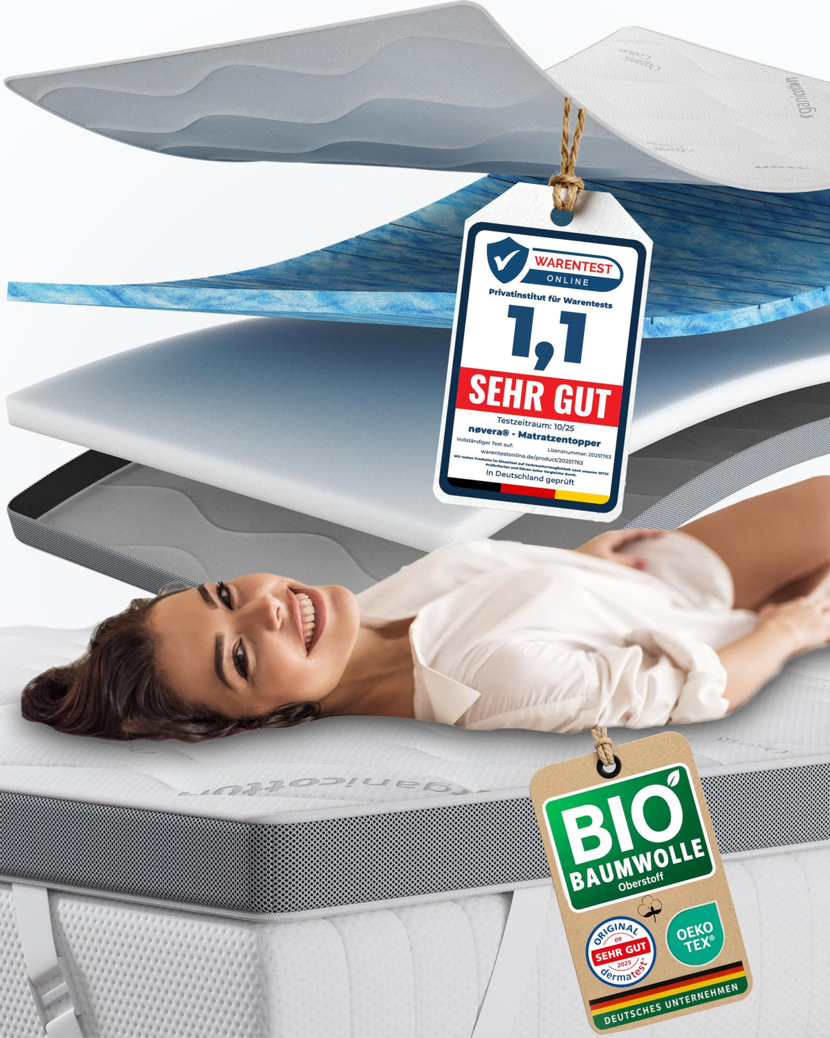 Deluxe Gel Topper 180x200cm | Oberstoff aus 100% Bio-Baumwolle | wolkenweicher 7-Zonen Matratzentopper 180x200cm | Hohes RG 50 | 8cm Matratzen Topper 180x200 |Luxus Matratzenauflage Geltopper – 100x200cm, H3/H4