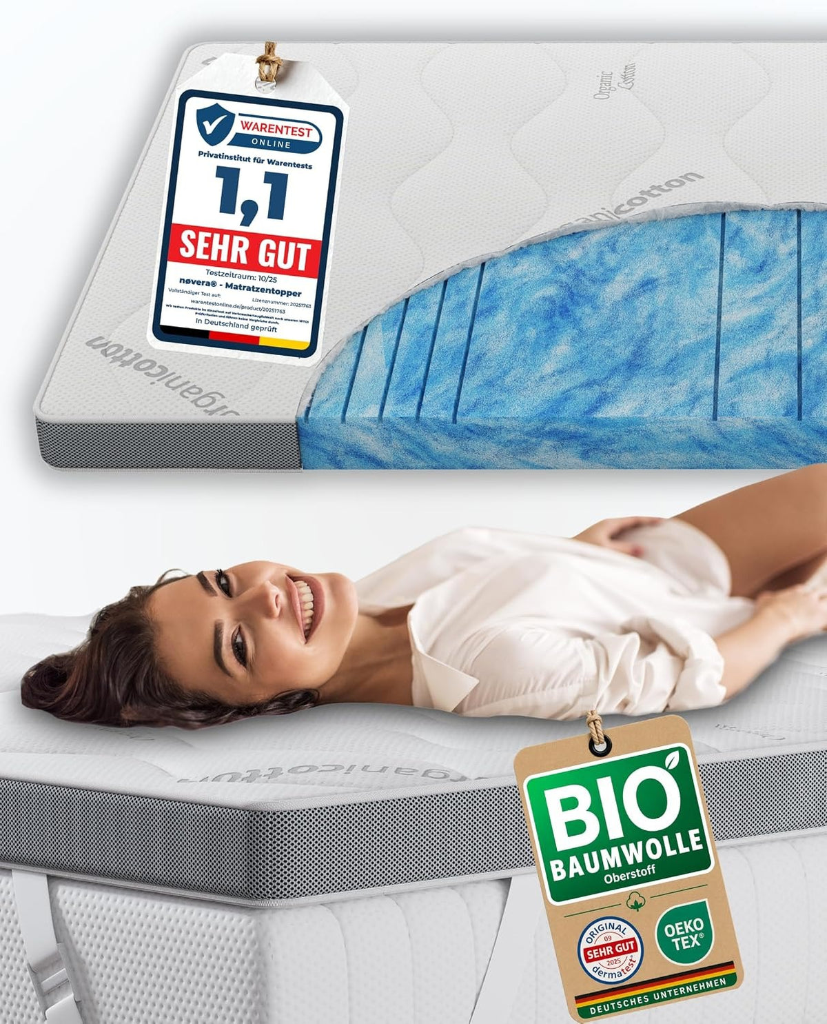 Deluxe Gel Topper 180x200cm | Oberstoff aus 100% Bio-Baumwolle | wolkenweicher 7-Zonen Matratzentopper 180x200cm | Hohes RG 50 | 8cm Matratzen Topper 180x200 |Luxus Matratzenauflage Geltopper – 80x200cm, H3/H4