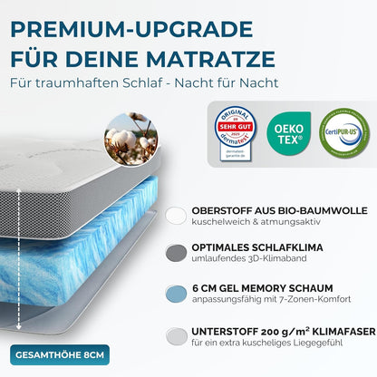 Deluxe Gel Topper 180x200cm | Oberstoff aus 100% Bio-Baumwolle | wolkenweicher 7-Zonen Matratzentopper 180x200cm | Hohes RG 50 | 8cm Matratzen Topper 180x200 |Luxus Matratzenauflage Geltopper