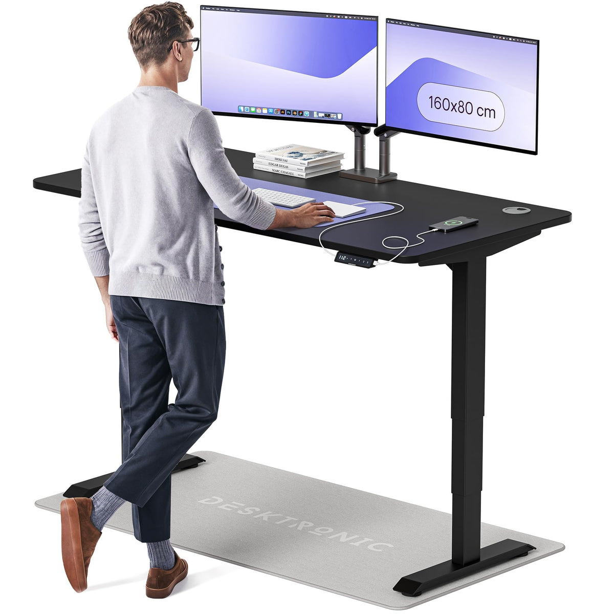 Desktronic HomePro Schreibtisch elektrisch höhenverstellbar, Steh-Sitz Schreibtisch mit Dual Motor, Touchscreen & USB-A/USB-C – 2.2 Schwarz + Grau, 180 x 80 cm