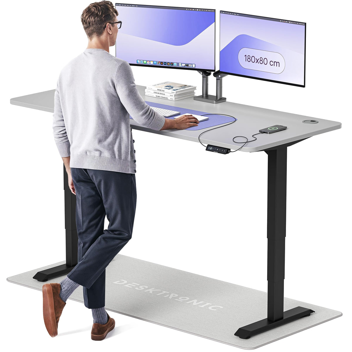 Desktronic HomePro Schreibtisch elektrisch höhenverstellbar, Steh-Sitz Schreibtisch mit Dual Motor, Touchscreen & USB-A/USB-C – 3.3 Grau + Eiche, 180 x 80 cm