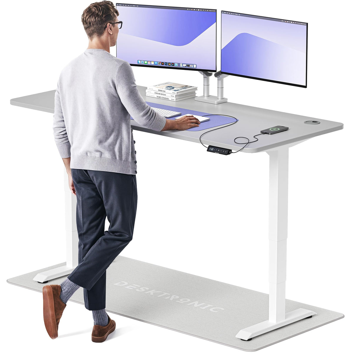 Desktronic HomePro Schreibtisch elektrisch höhenverstellbar, Steh-Sitz Schreibtisch mit Dual Motor, Touchscreen & USB-A/USB-C – 3. Grau + Grau, 200 x 80 cm