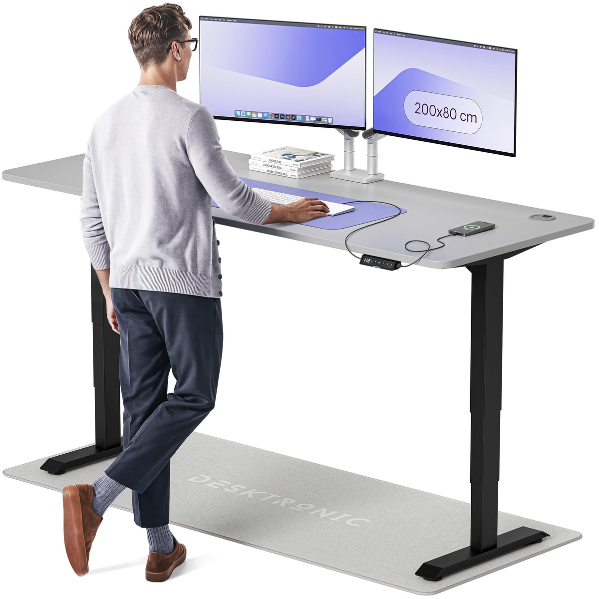Desktronic HomePro Schreibtisch elektrisch höhenverstellbar, Steh-Sitz Schreibtisch mit Dual Motor, Touchscreen & USB-A/USB-C – 1.11 Weiß + Grau, 160 x 80 cm