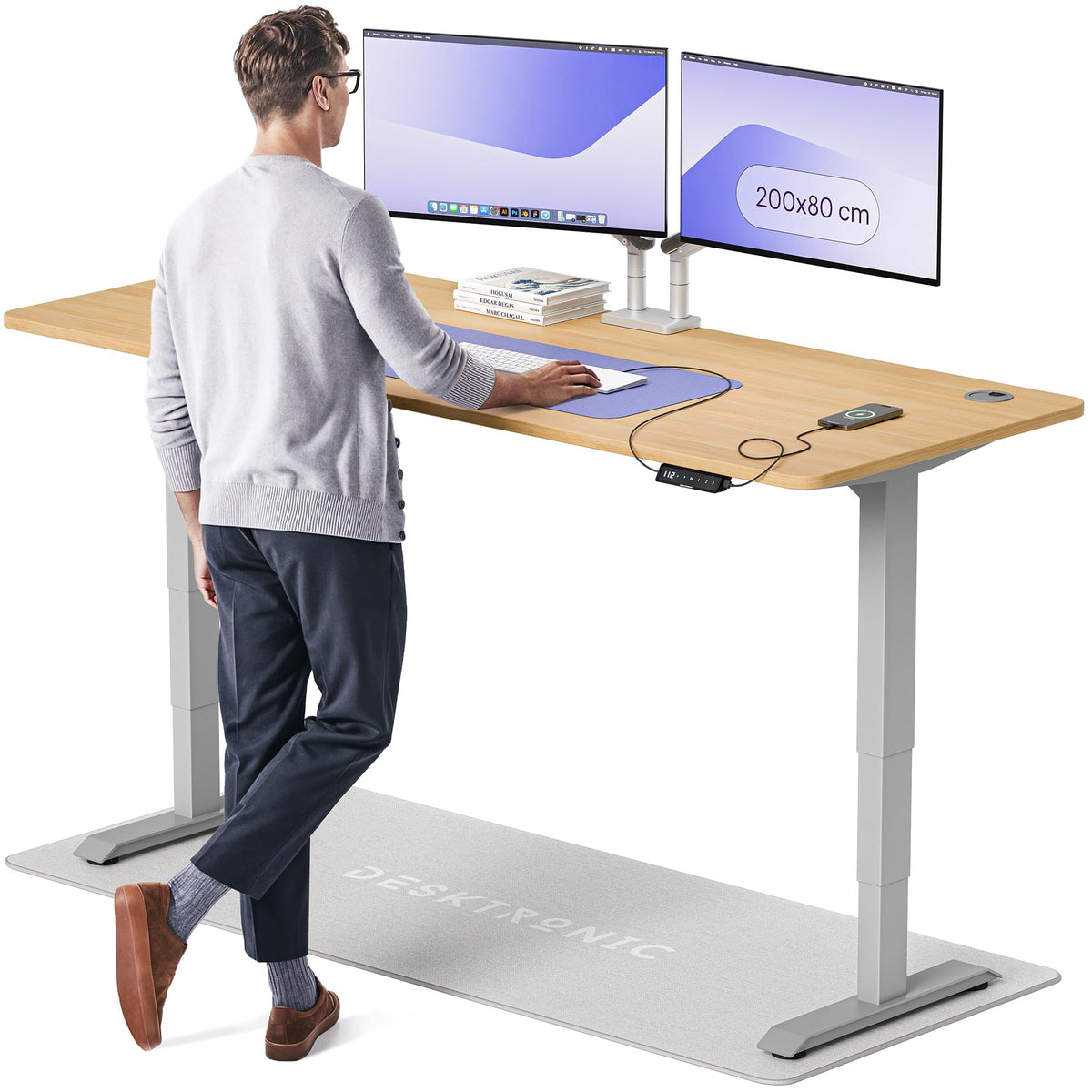 Desktronic HomePro Schreibtisch elektrisch höhenverstellbar, Steh-Sitz Schreibtisch mit Dual Motor, Touchscreen & USB-A/USB-C – 3.2 Grau + Schwarz, 160 x 80 cm