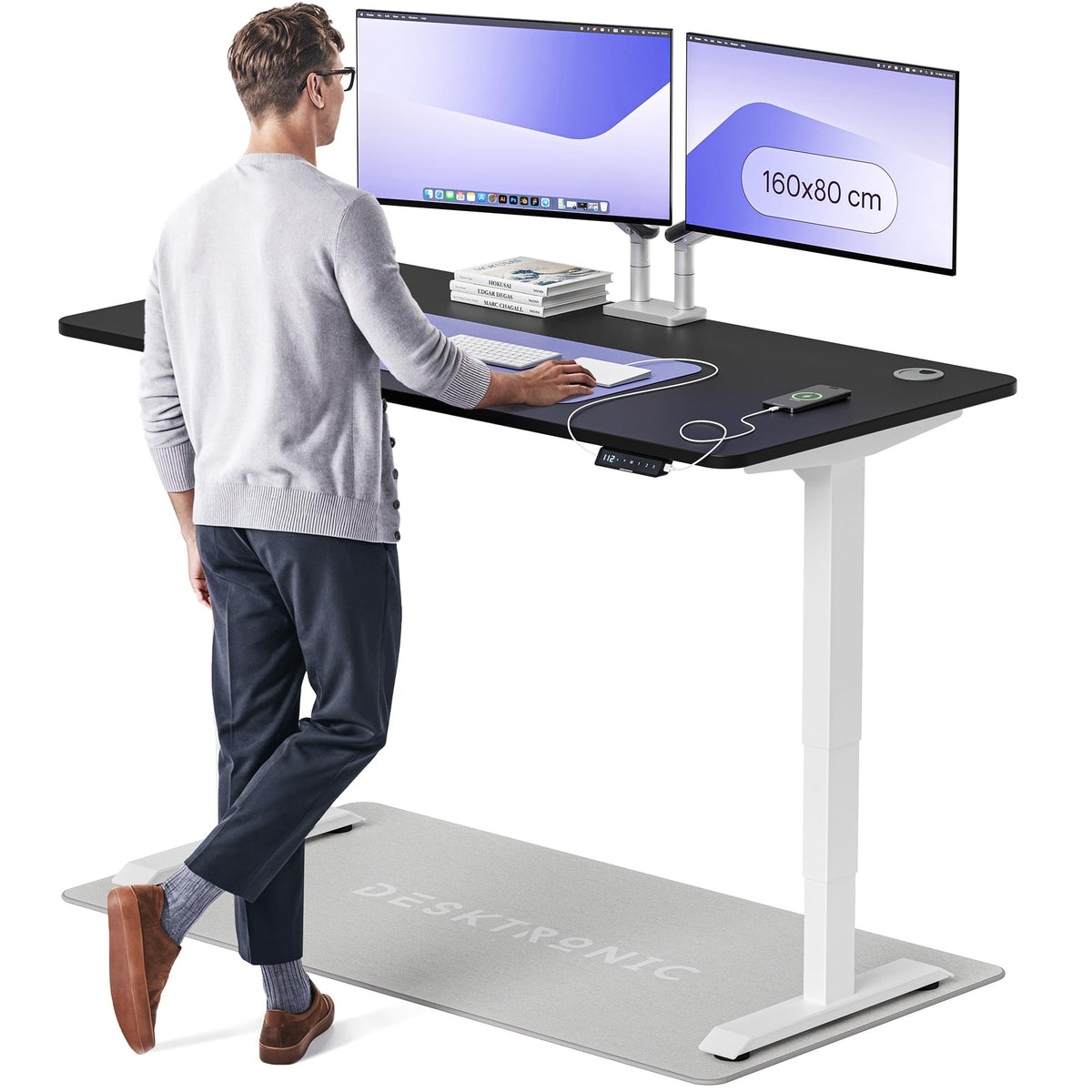 Desktronic HomePro Schreibtisch elektrisch höhenverstellbar, Steh-Sitz Schreibtisch mit Dual Motor, Touchscreen & USB-A/USB-C – 3.4 Grau + Nussbaum, 180 x 80 cm