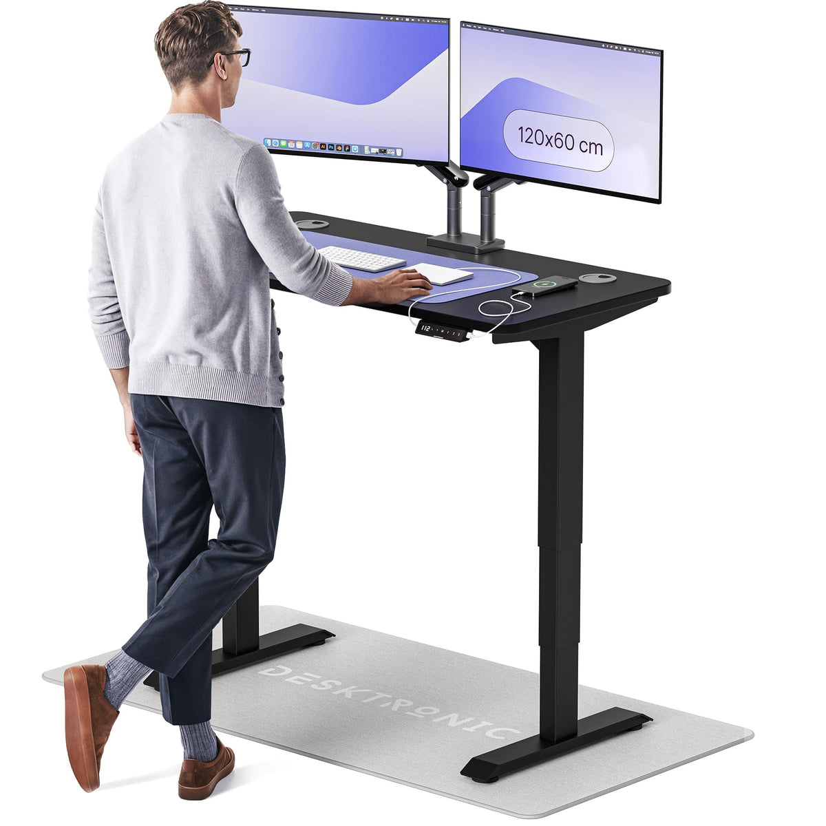 Desktronic HomePro Schreibtisch elektrisch höhenverstellbar, Steh-Sitz Schreibtisch mit Dual Motor, Touchscreen & USB-A/USB-C – 3. Grau + Grau, 140 x 70 cm