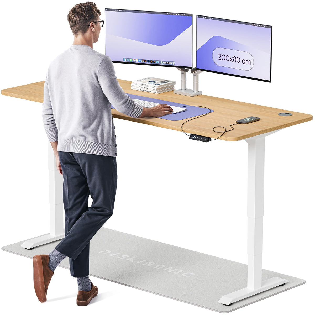 Desktronic HomePro Schreibtisch elektrisch höhenverstellbar, Steh-Sitz Schreibtisch mit Dual Motor, Touchscreen & USB-A/USB-C – 1. Weiß + Weiß, 160 x 80 cm