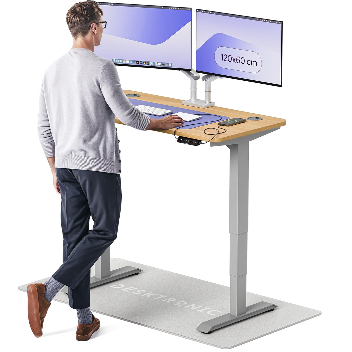 Desktronic HomePro Schreibtisch elektrisch höhenverstellbar, Steh-Sitz Schreibtisch mit Dual Motor, Touchscreen & USB-A/USB-C – 3.3 Grau + Eiche, 160 x 80 cm
