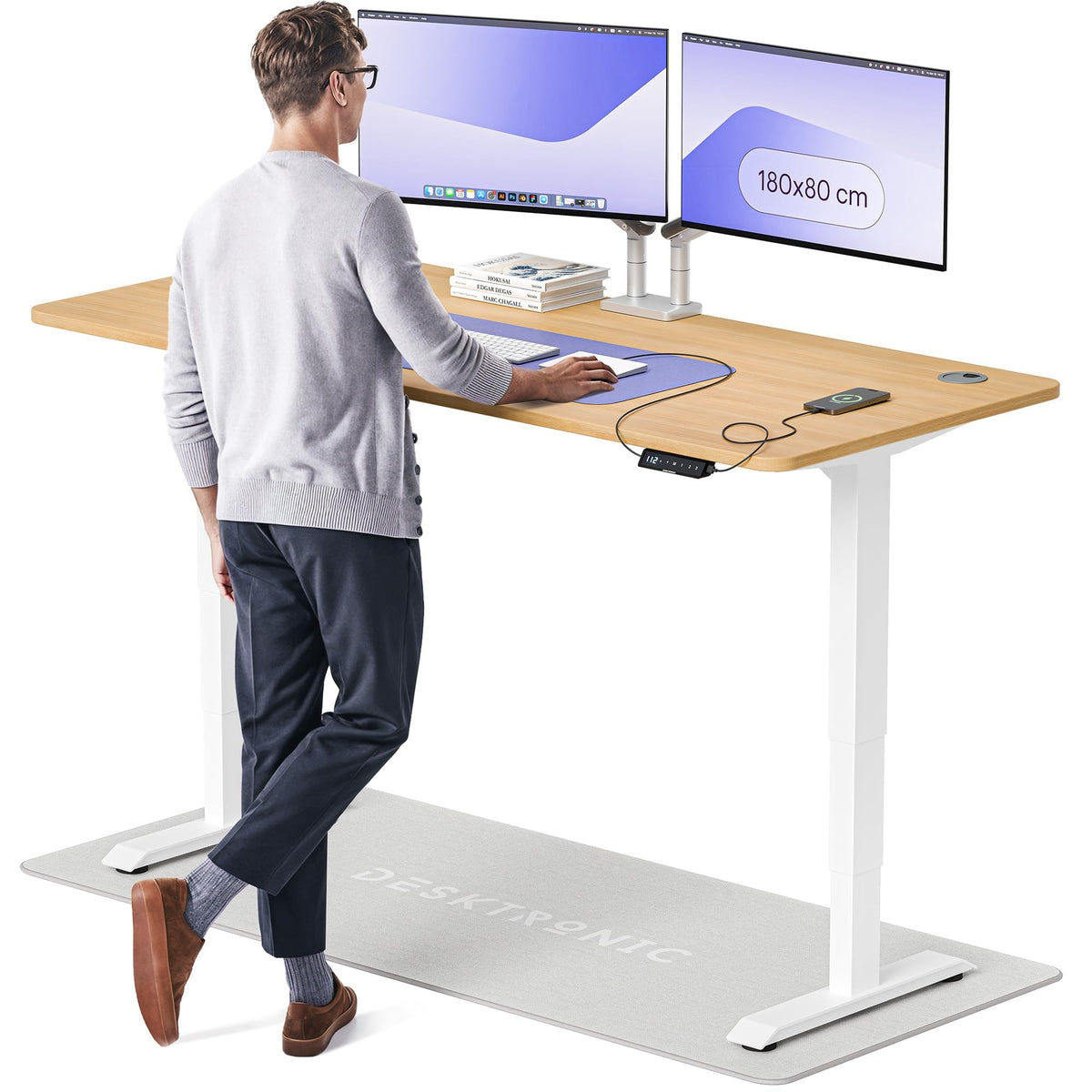 Desktronic HomePro Schreibtisch elektrisch höhenverstellbar, Steh-Sitz Schreibtisch mit Dual Motor, Touchscreen & USB-A/USB-C – 3.4 Grau + Nussbaum, 120 x 60 cm