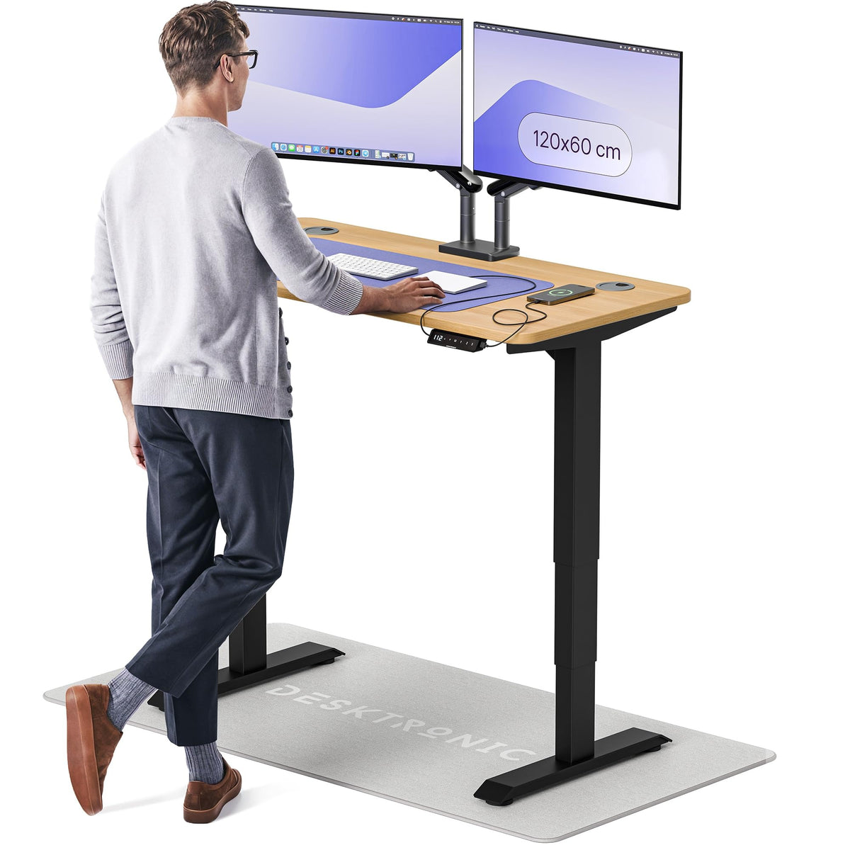 Desktronic HomePro Schreibtisch elektrisch höhenverstellbar, Steh-Sitz Schreibtisch mit Dual Motor, Touchscreen & USB-A/USB-C – 1.11 Weiß + Grau, 120 x 60 cm