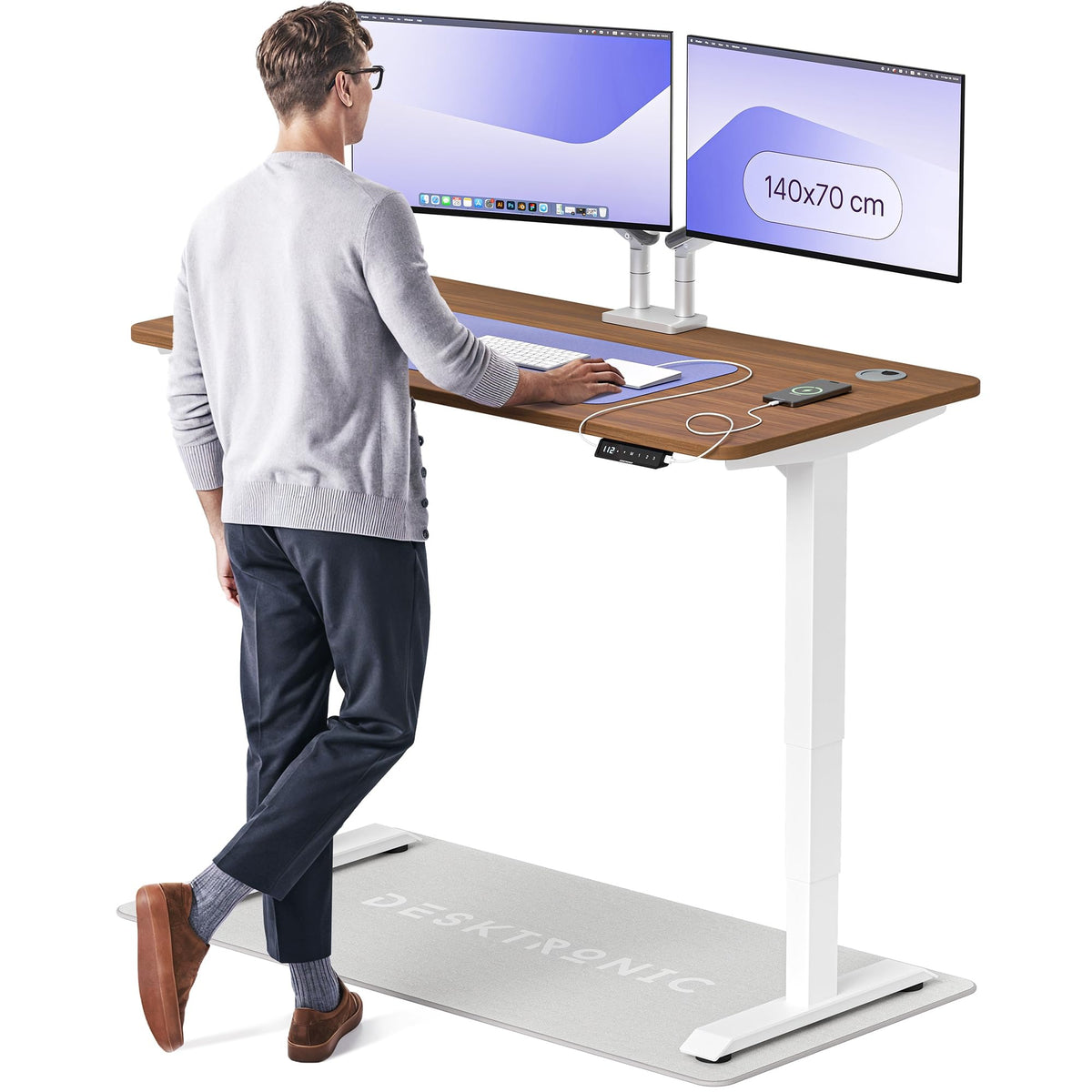Desktronic HomePro Schreibtisch elektrisch höhenverstellbar, Steh-Sitz Schreibtisch mit Dual Motor, Touchscreen & USB-A/USB-C – 2.4 Schwarz + Nussbaum, 120 x 60 cm