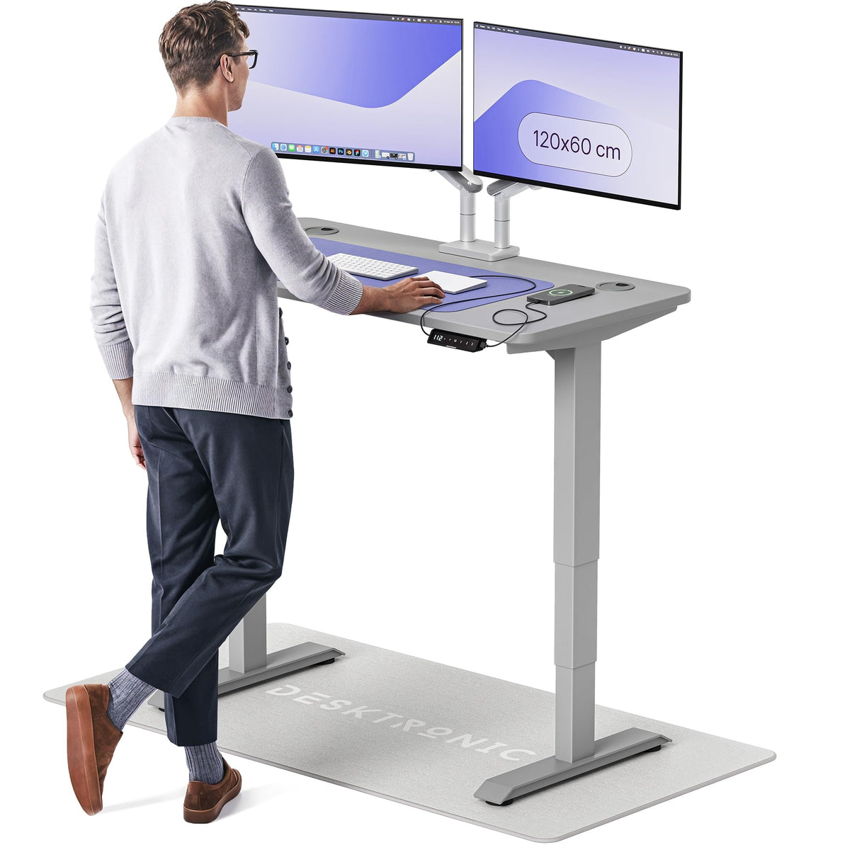 Desktronic HomePro Schreibtisch elektrisch höhenverstellbar, Steh-Sitz Schreibtisch mit Dual Motor, Touchscreen & USB-A/USB-C – 3.3 Grau + Eiche, 120 x 60 cm