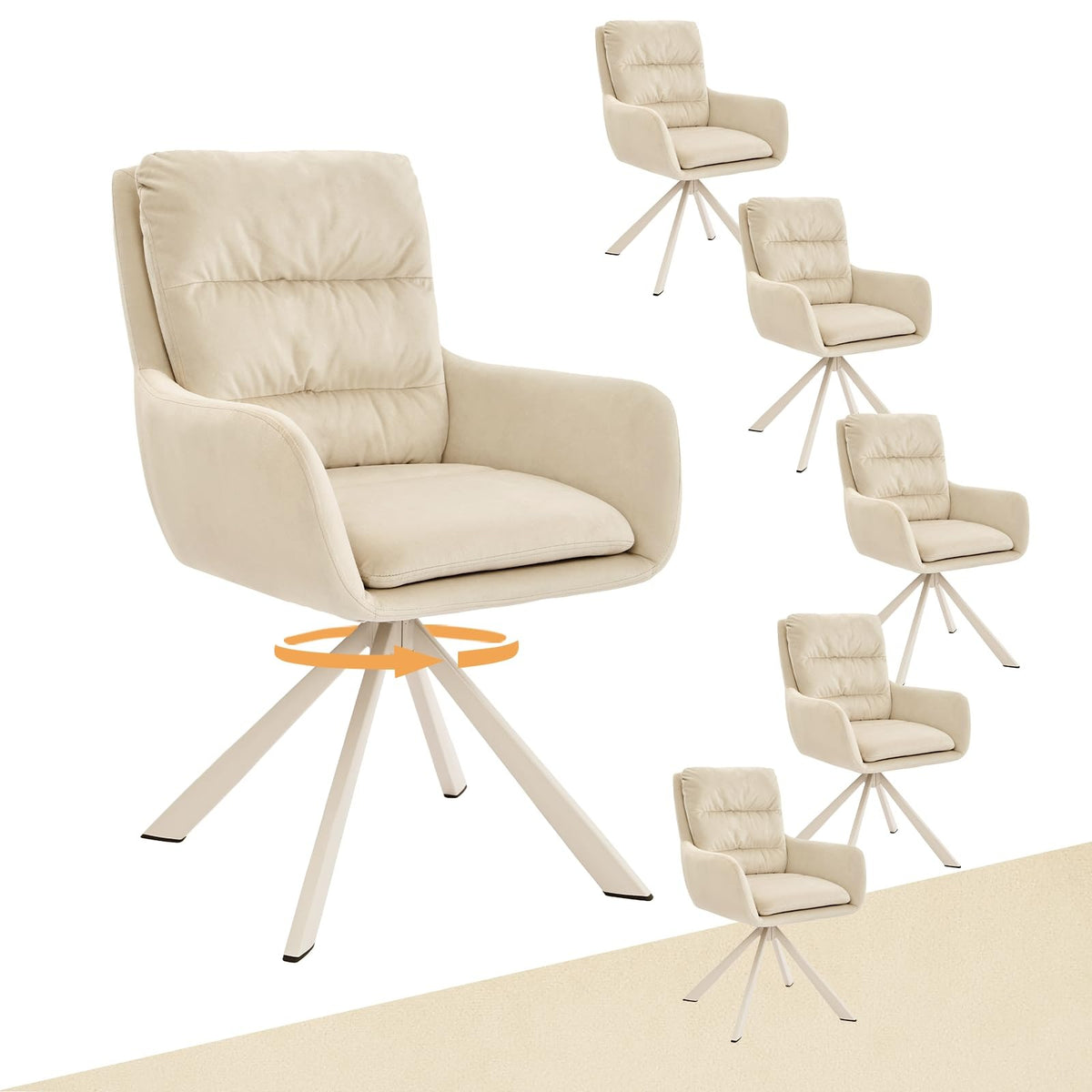 Esszimmerstuhl Drehbar 6er mit Armlehne – 360° Drehbarer Einzelstuhl mit Doppelter Rückenlehne und Abnehmbarem Sitzkissen,Mokkabraun – Standardgröße, Beige1, 4