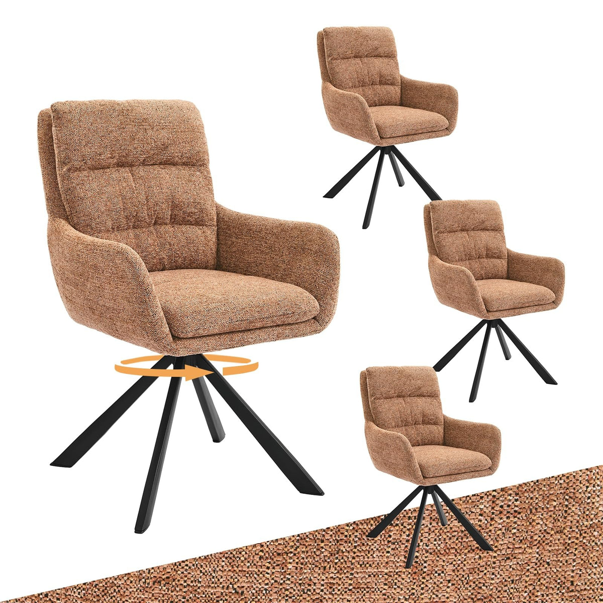 Esszimmerstuhl Drehbar 6er mit Armlehne – 360° Drehbarer Einzelstuhl mit Doppelter Rückenlehne und Abnehmbarem Sitzkissen,Mokkabraun – Standardgröße, Beige, 2