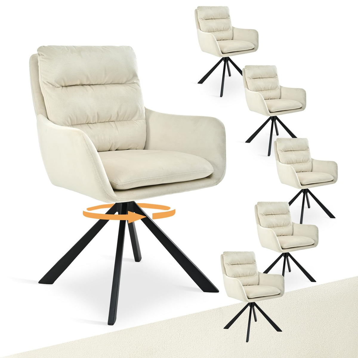 Esszimmerstuhl Drehbar 6er mit Armlehne – 360° Drehbarer Einzelstuhl mit Doppelter Rückenlehne und Abnehmbarem Sitzkissen,Mokkabraun – Standardgröße, Beige1, 1