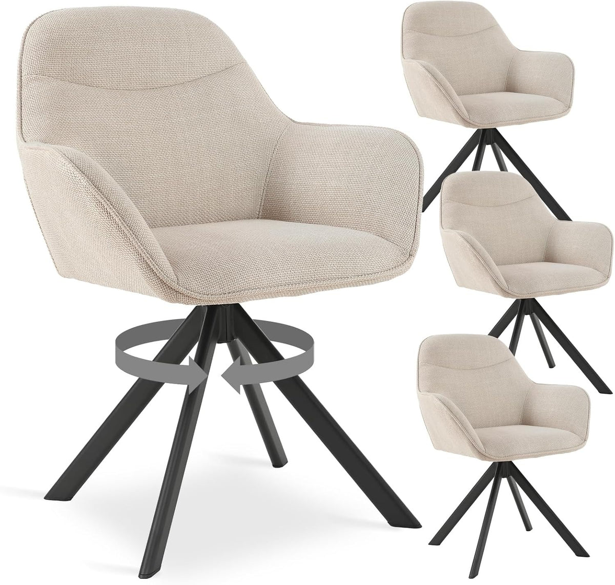 Esszimmerstühle Drehbar 4er Set mit Armlehne, 360° drehbar, Polsterstuhl Leinen, Drehstuhl Esszimmer Beige, Küchenstuhl mit Metallbeine für Esszimmer, Wohnzimmer, Büro – Waldgrün, Standardgröße, 4
