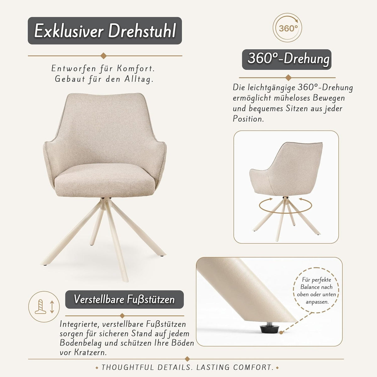 Esszimmerstühle Drehbar 4er Set mit Armlehne, gepolsterte Esszimmerstuhl mit hoher Rückenlehne für Esszimmer & Wohnzimmer, Büro, Beige1