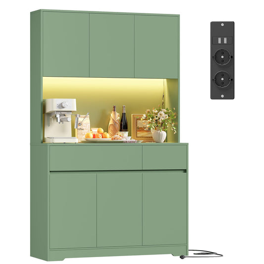 FirFurd Küchenschrank Buffetschrank Weiß 180x100x38,5 cm – Sideboard mit LED, Steckdose, Arbeitsplatte, Türen & Schubladen – Grün