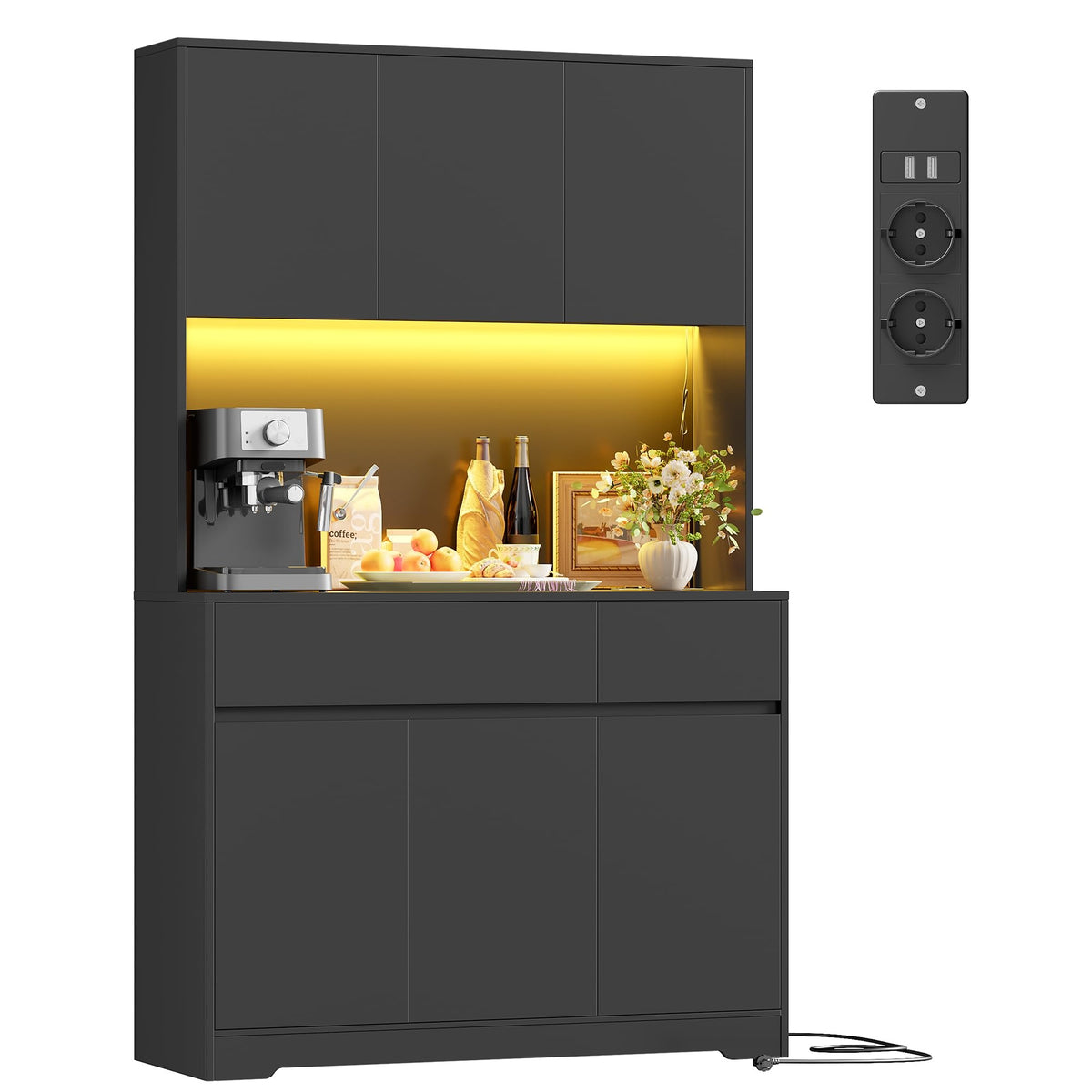 FirFurd Küchenschrank Buffetschrank Weiß 180x100x38,5 cm – Sideboard mit LED, Steckdose, Arbeitsplatte, Türen & Schubladen – Schwarz