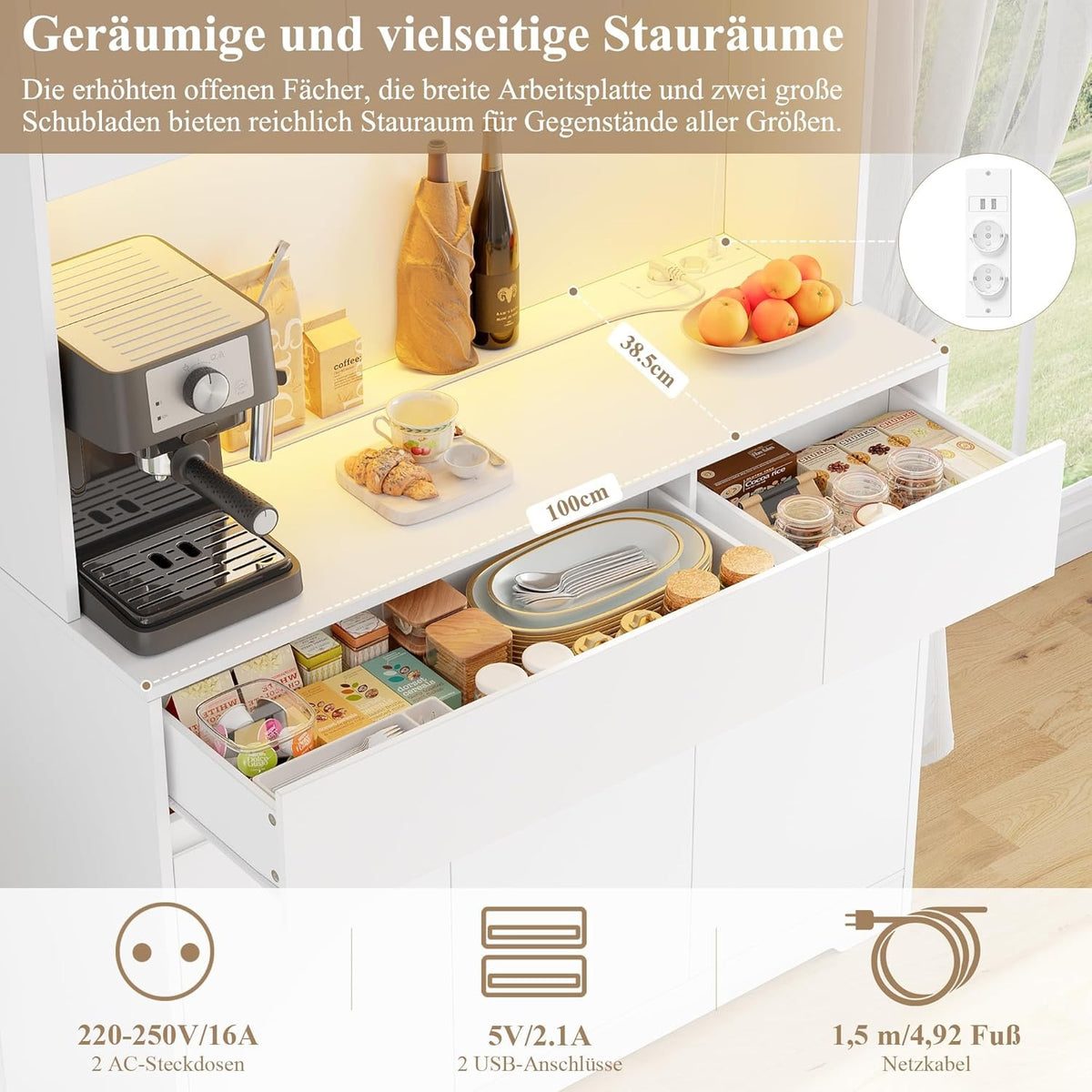 FirFurd Küchenschrank Buffetschrank Weiß 180x100x38,5 cm – Sideboard mit LED, Steckdose, Arbeitsplatte, Türen & Schubladen