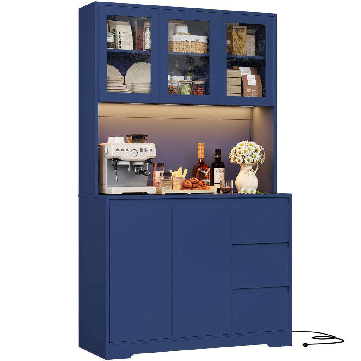 FirFurd Küchenschrank Weiß 180 cm mit LED & Steckdose – Buffetschrank mit Arbeitsplatte, Glastüren & 3 Schubladen – Blau