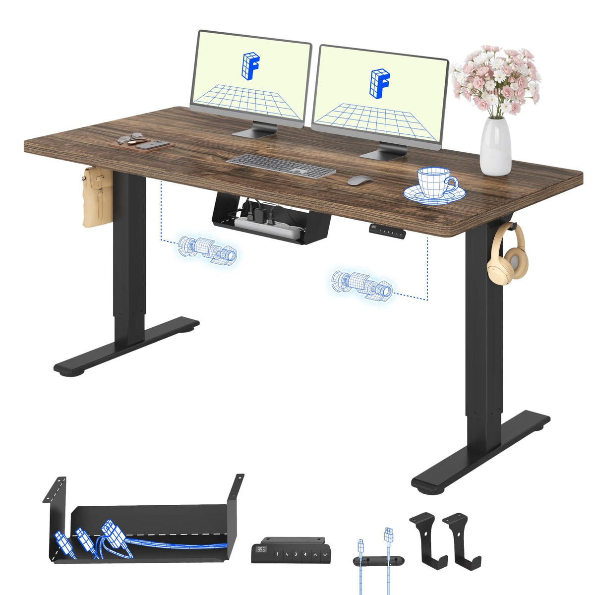 FLEXISPOT Höhenverstellbarer Schreibtisch elektrisch, Doppelmotor 160x80 cm – Kaffee-eiche Optik Tischplatte + Grau Tischgestell, 180 x 80 cm